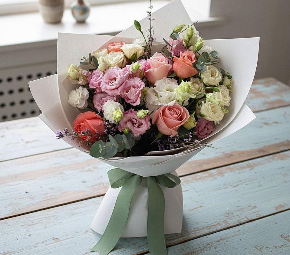 Букет цветов из: Розы, Лизиантусы и Гвоздики в Урухской