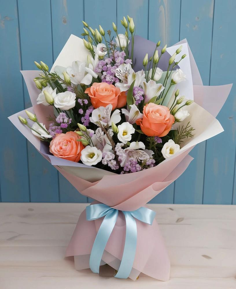 Букет цветов из: Лизиантусы, Розы, Альстромерии и Гипсофила в Урухской