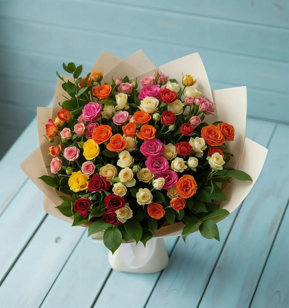 Букет Микс из разноцветных кустовых роз в Урухской